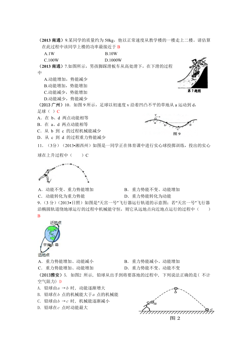 2013年全国中考物理100套试题功和机械能汇编