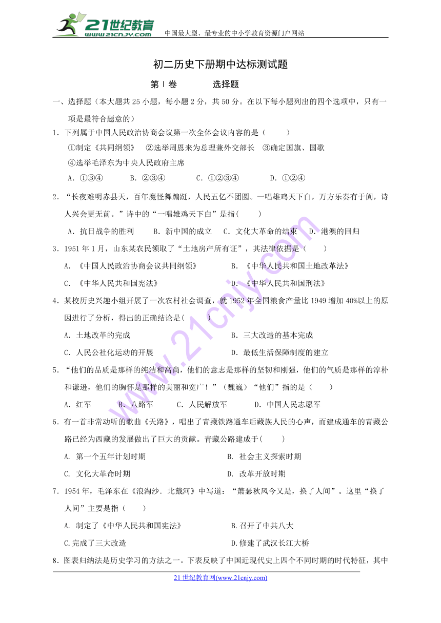 山东省莱芜市莱城区茶业口镇腰关中学2017-2018学年八年级下学期期中测试历史（含答案）