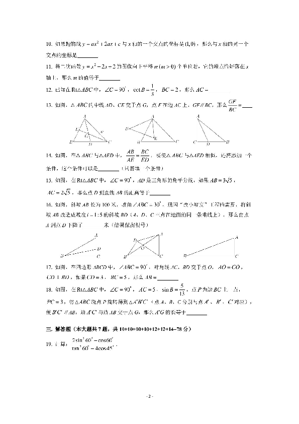 2020学年上海市普陀区中考数学一模试题（PDF版 含简单答案）