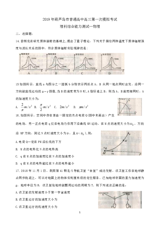 辽宁省葫芦岛市2019届高三下学期第一次模拟考试 理综物理 Word版含答案