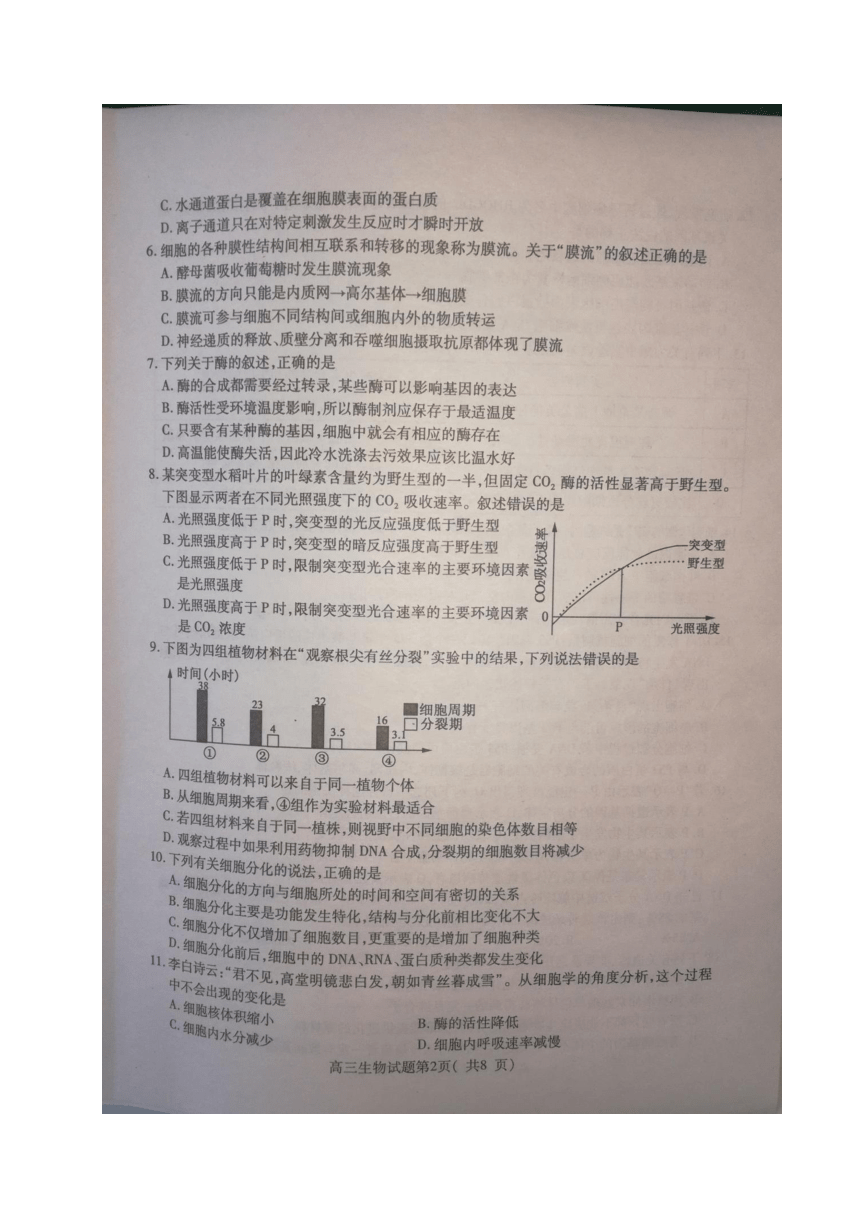 山东省济宁市2018届高三上学期期末考试生物试题（扫描版，含答案）