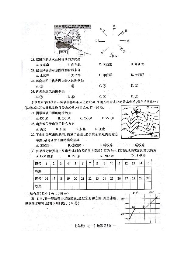 人教版（新课程标准）江西省南昌市2018-2019学年七年级上学期期中考试地理试题（图片版），含答案
