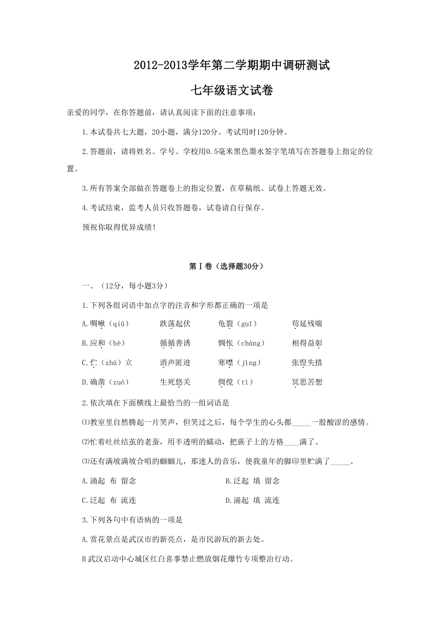 湖北省武汉市汉阳区2012～2013学年度第二学期期中考试七年级语文试卷（word版有答案）