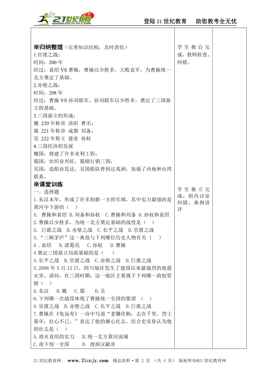 人教版七年级历史上册第18课三国鼎立导学案