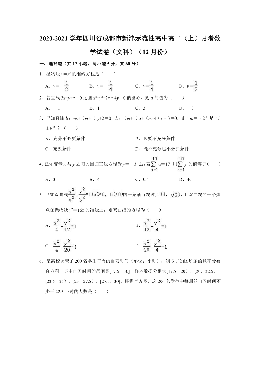 2020-2021学年四川省成都市新津示范性高中高二（上）月考数学试卷（文科）（12月份）(Word解析版)