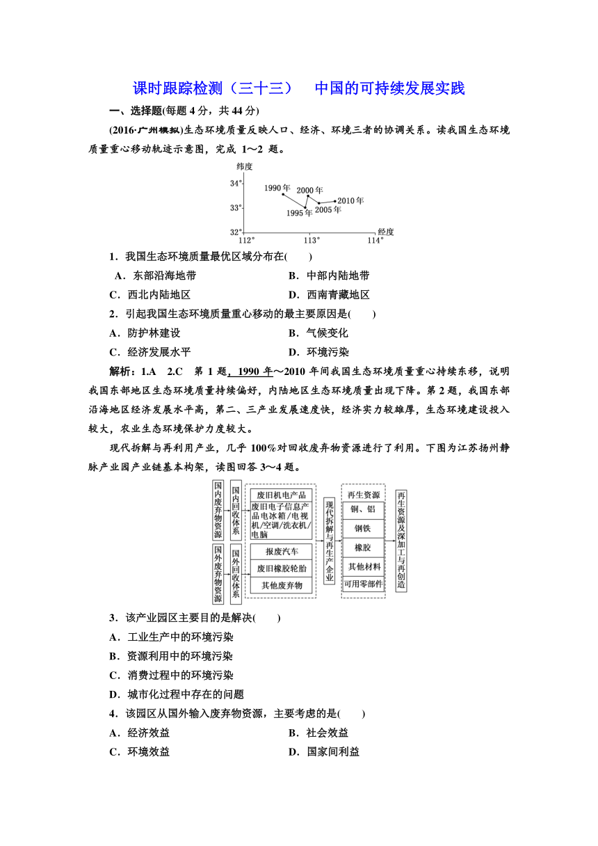 2017【三维设计】高中地理复习课时跟踪检测（三十三）第二部分第六章第二节中国的可持续发展实践