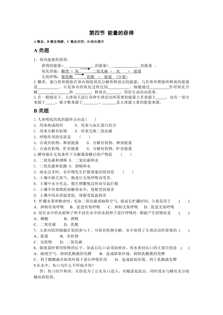 4.4 能量的获得 练习（无答案)