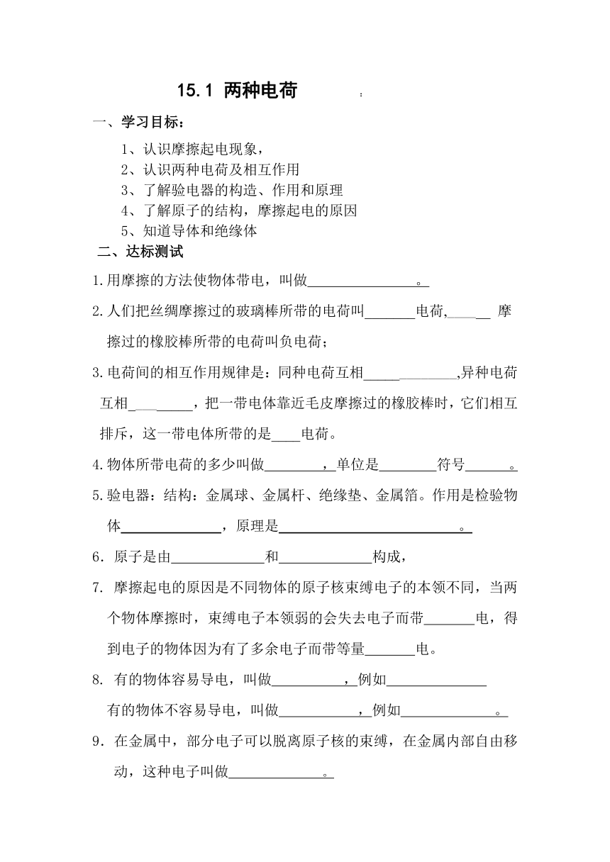 海南省国科园实验学校九年级物理学案：第十五章 电流和电路（无答案）