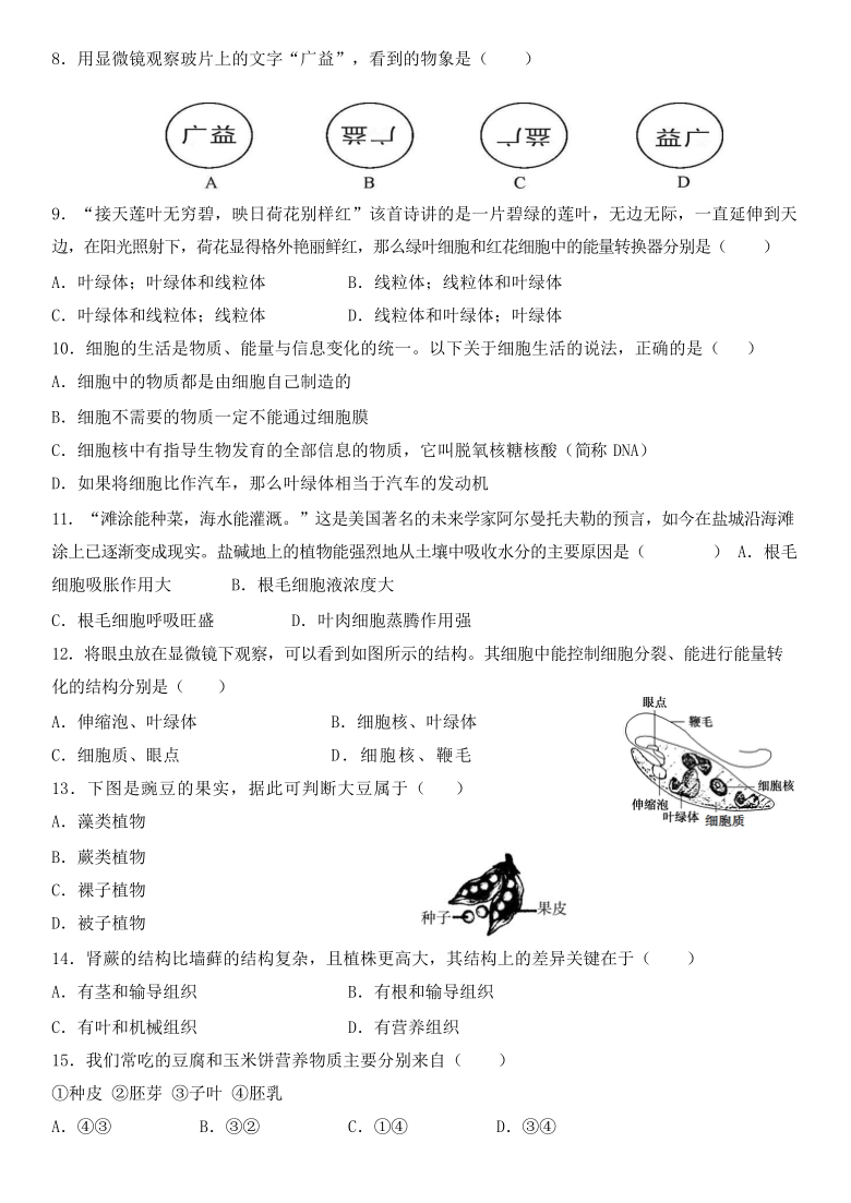 湖南省长沙市广益实验中学2020-2021学年七年级寒假自主学习中期测试生物试卷（Word版，无答案）