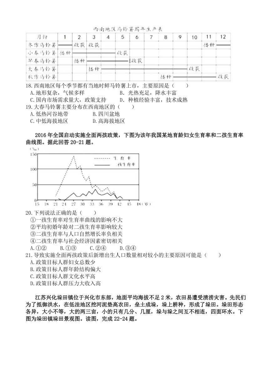 福建省华安县第一中学2018届高三上学期第二次月考（12月）地理试题 Word版含答案