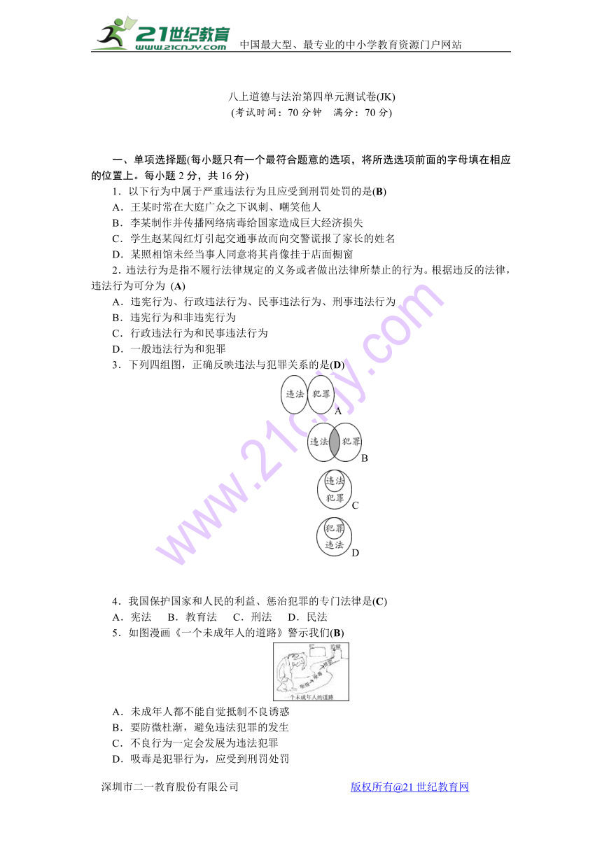 2017-2018学年（新）教科版八年级道德与法治上册 第4单元  远离犯罪  检测题（含答案）