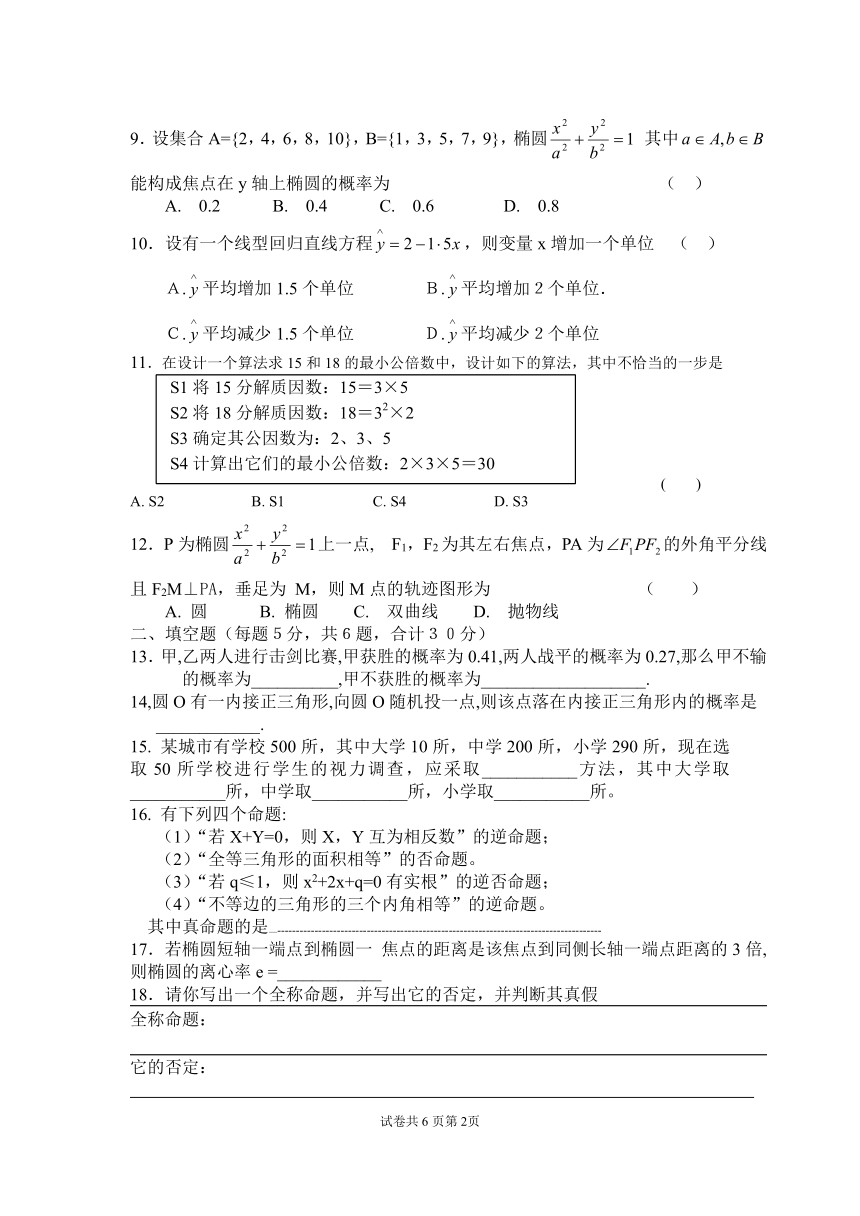 江苏省省太湖高级中学2006-2007学年第一学期高二数学期中考试试卷(必修3＋选修1－1（或2－1）)[上学期]