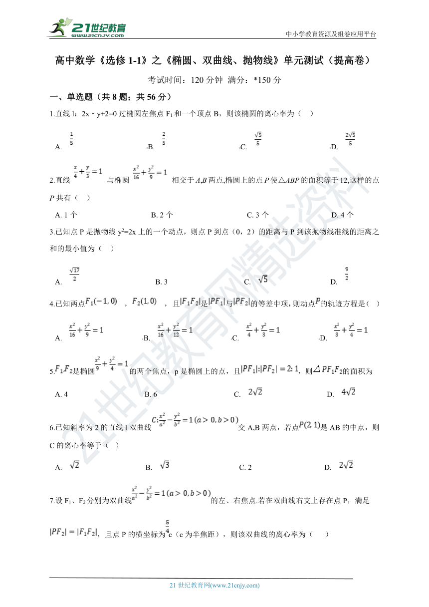 《选修1-1》之《 第二章 圆锥曲线与方程》单元测试（提高卷）