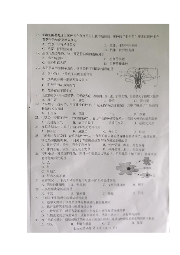 2019年四川省广安市中考生物试题（图片版含答案）