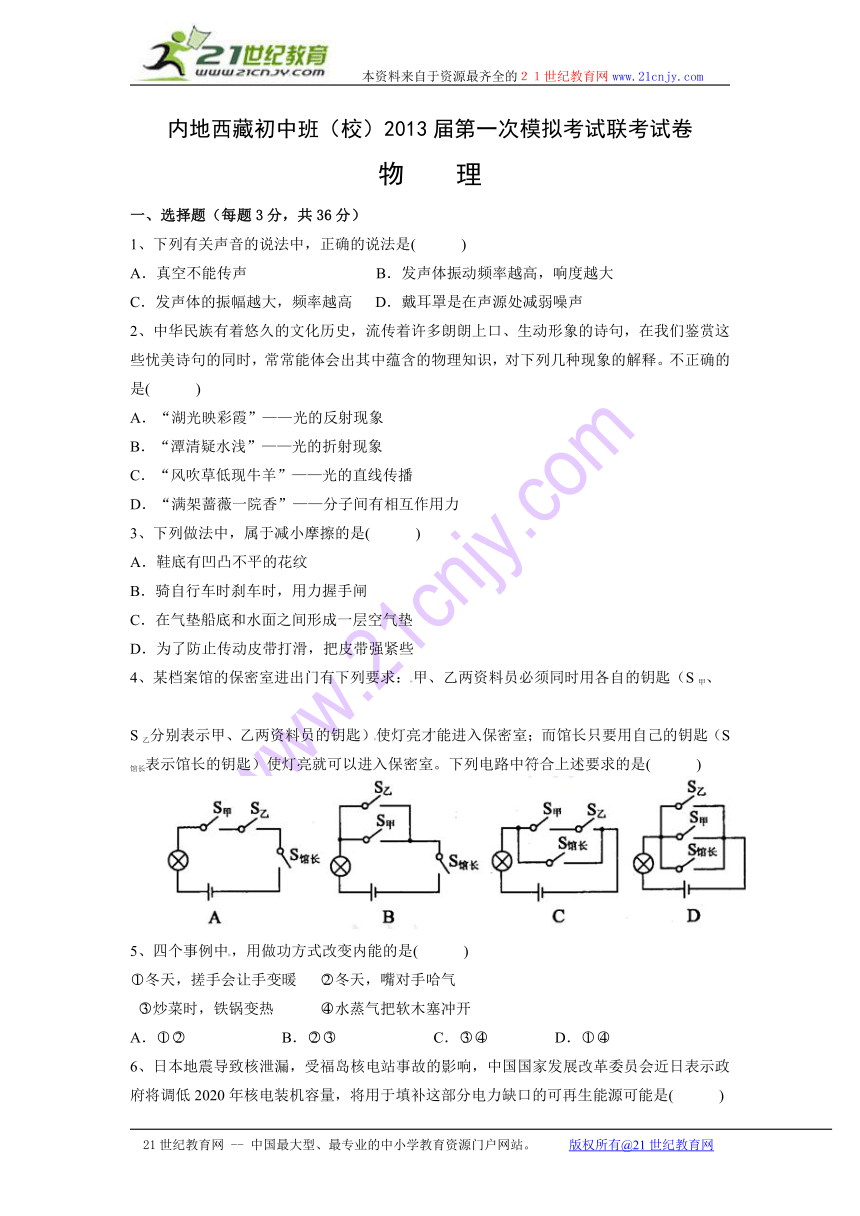 内地西藏班（校）2013届九年级第一次模拟考试物理试题（无答案）