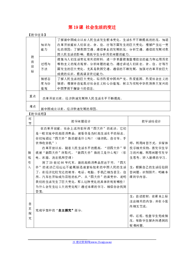 第19课 社会生活的变迁【教学任务】教育目标知识与能力了解新中国