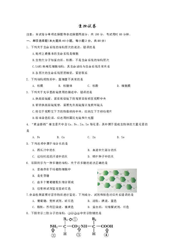 天津市西青区2019-2020学年高一上学期期末考试生物试卷