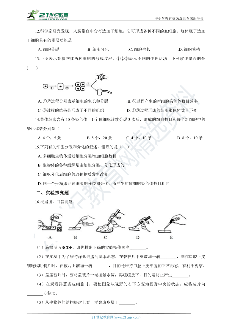 苏科版2021初中生物七下4.8生物体有相同的基本结构 章末检测（含解析）