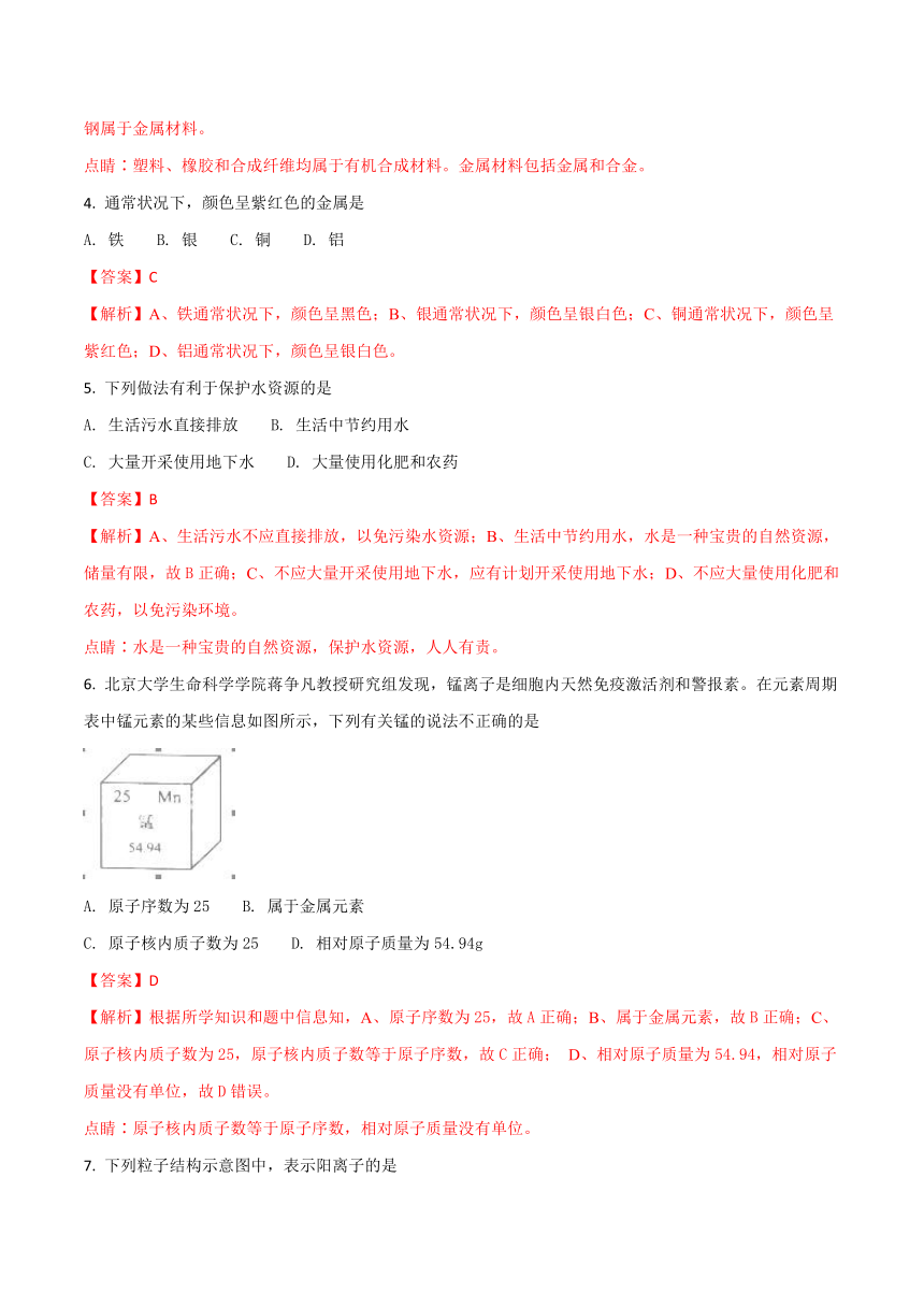 2018年江苏南京市中考中考 化学（word版，含答案解析）