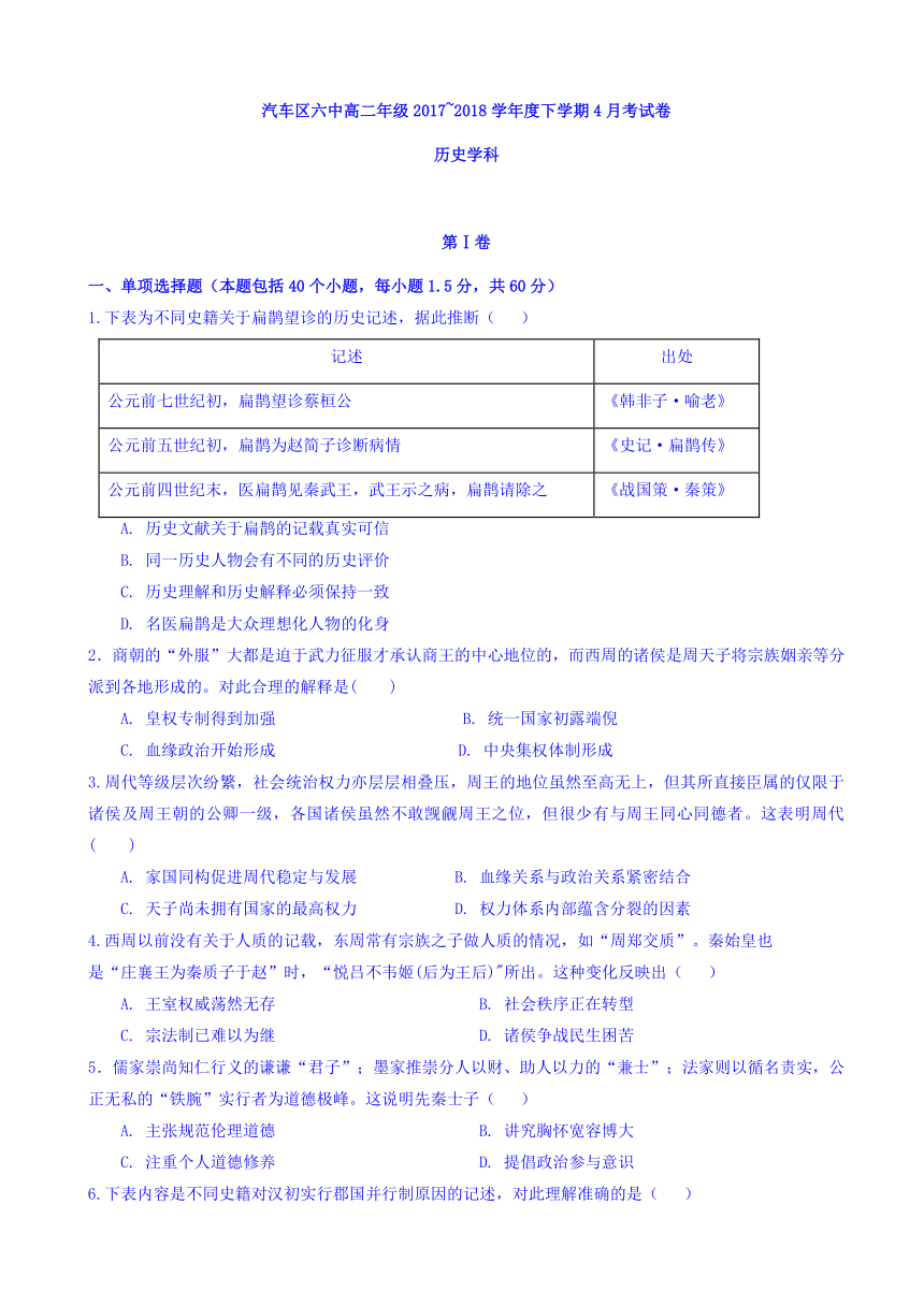 吉林省长春汽车经济开发区第六中学2017-2018学年高二下学期4月月考历史试卷 Word版含答案