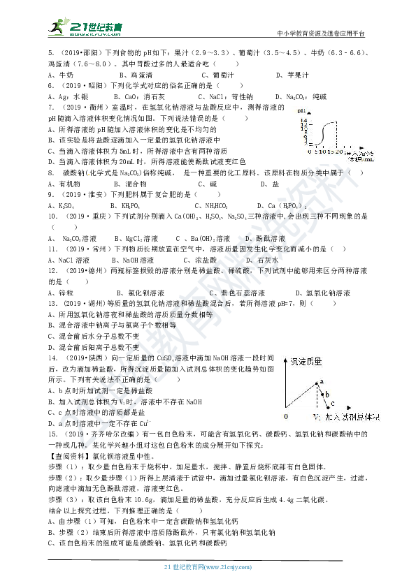 【备考2020】2020届中考科学考点精练——常见的化合物