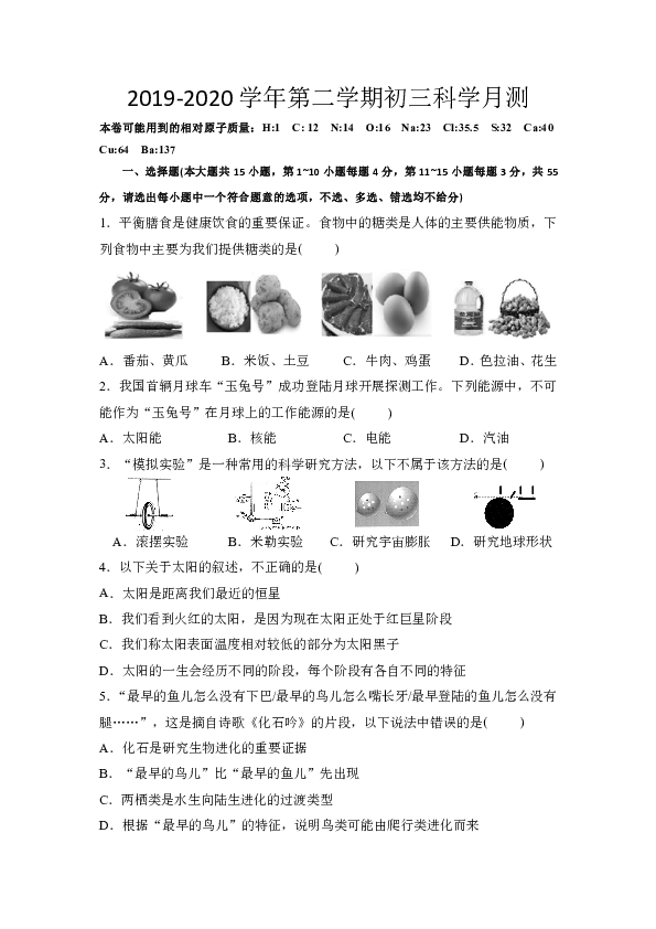 浙江省宁波市2019-2020学年第二学期九年级科学月考试题（中考内容 word版 无答案）