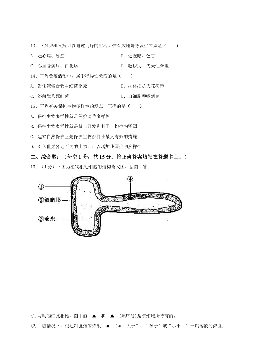 江苏省灌云县西片2016-2017学年八年级下学期第二次月考（5月）生物试题