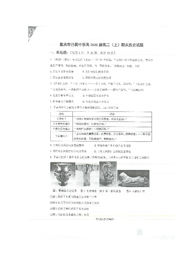 重庆市巴蜀中学校2018-2019学年高二上学期期末考试历史试题 扫描版含答案