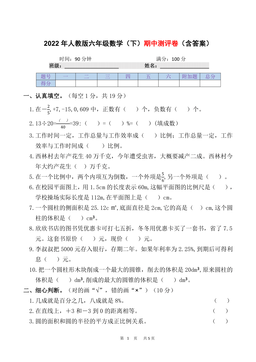 2022年人教版六年级数学下期中测评卷含答案