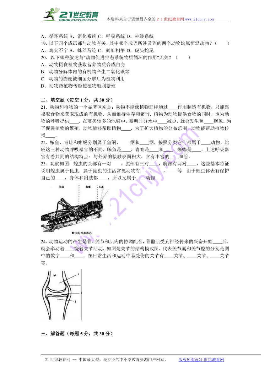 湖北省武汉市黄陂区部分学校2016-2017学年八年级（上）期中生物试卷（解析版）