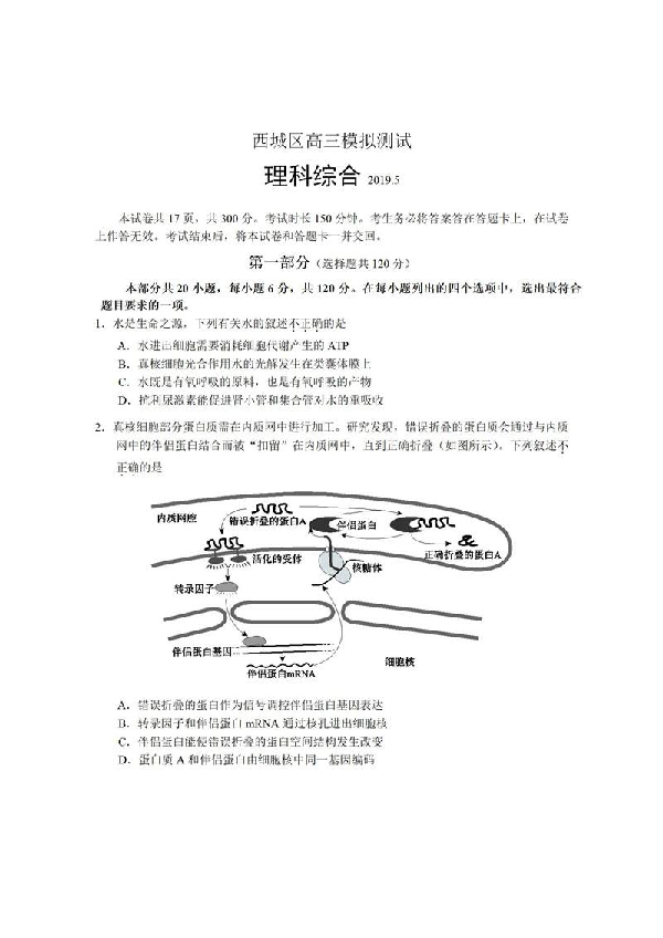 2019北京西城高三二模理综试题及答案解析（PDF版）