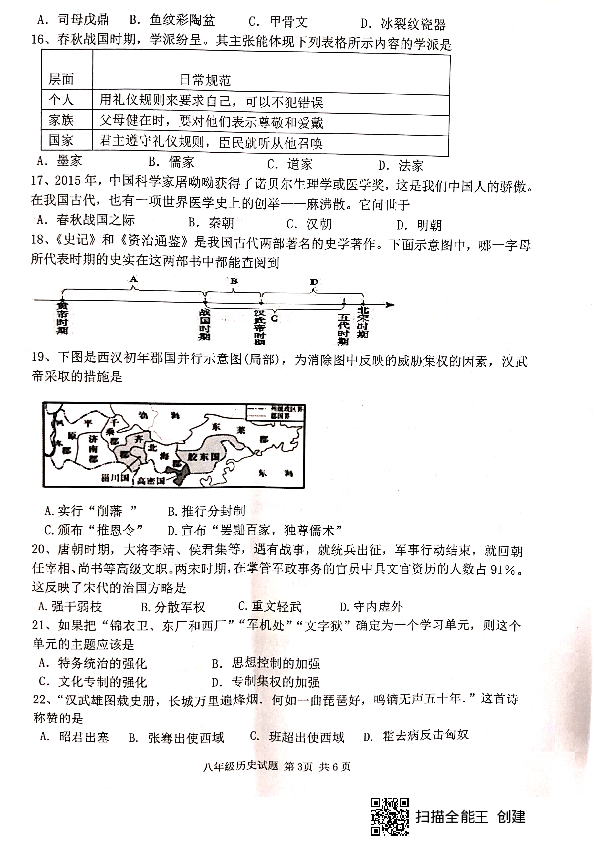 山东省滨州市阳信县2019-2020学年第一学期9月学情调研八年级历史试题（扫描版，无答案）