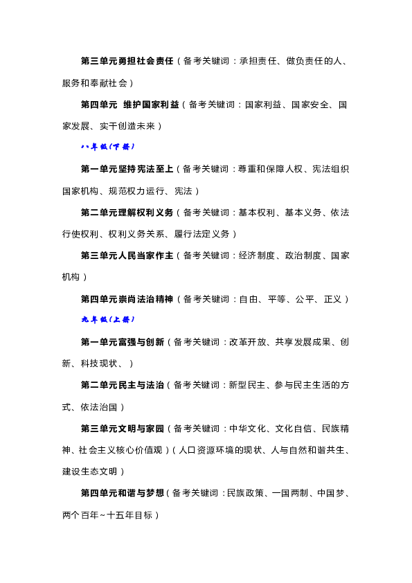 2020届中考复习道德与法治三个年级知识点梳理