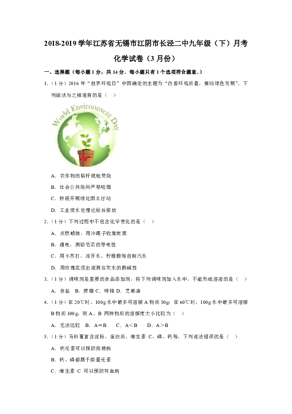 2018-2019学年江苏省无锡市江阴市长泾二中九年级（下）月考化学试卷（3月份）（解析版）