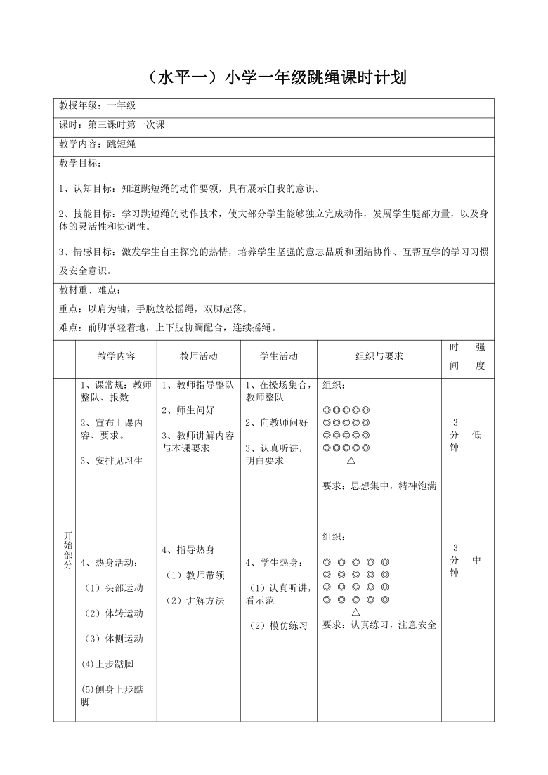 人教版 体育与健康一年级  5.4跳绳  教学设计