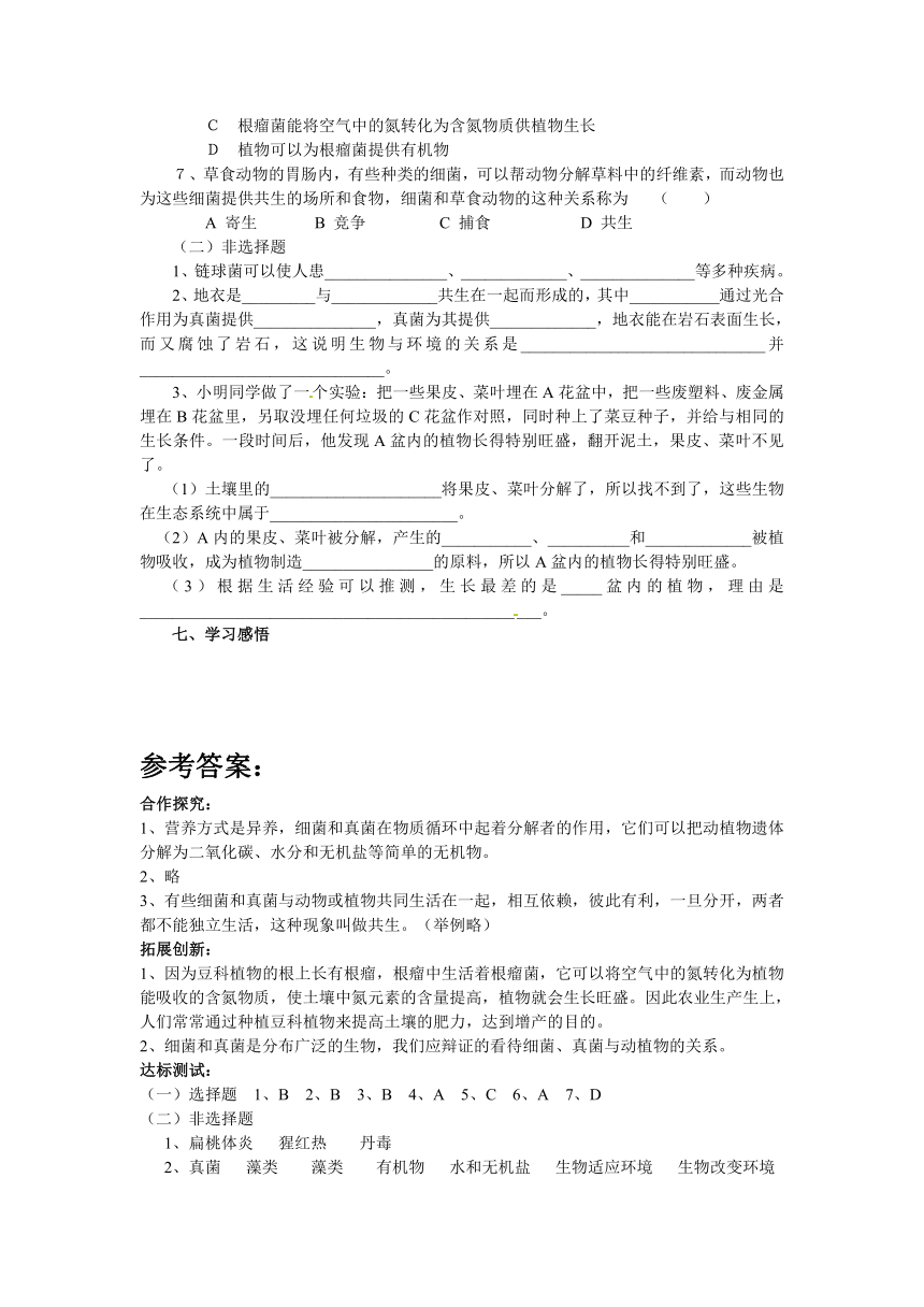 新泰实验中学2011—2012学年初二生物上学期第五单元第五章细菌和真菌在生物圈中的作用学案