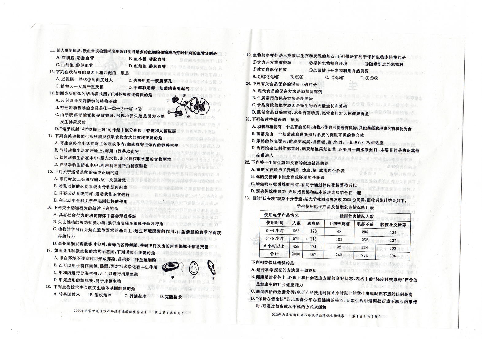 2020年内蒙古通辽市八年级学业考试生物试卷（PDF图片版，有答案）
