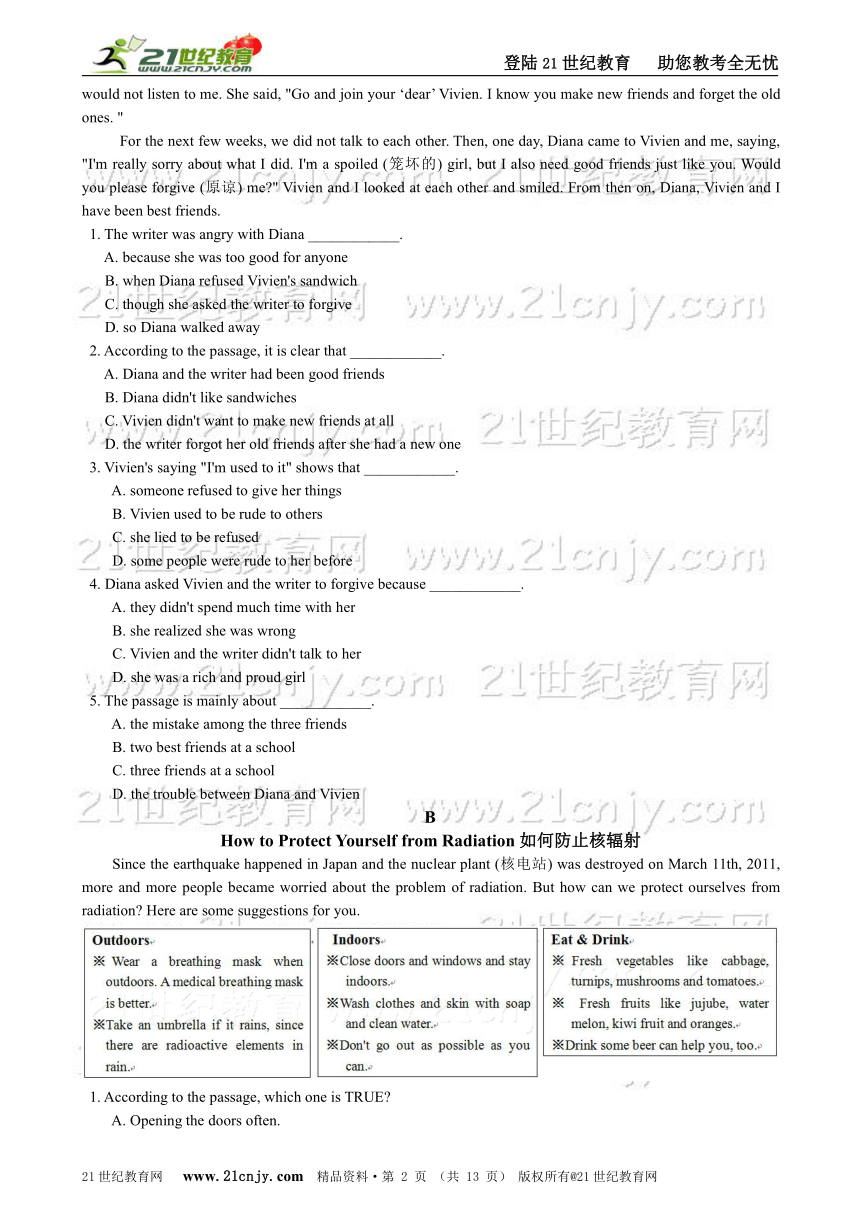 中考英语完形填空与阅读理解满分系列训练19（含答案及详解）