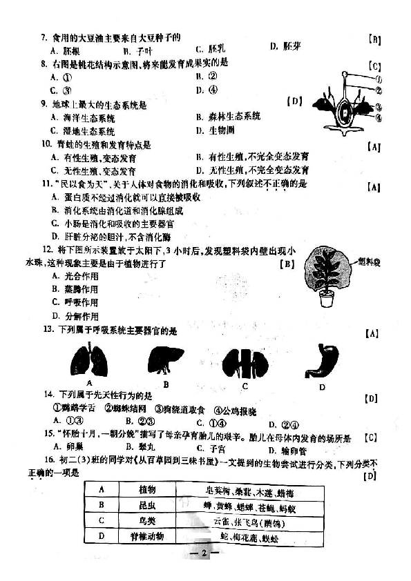 陕西省2020年中考生物试题（图片版，含答案）