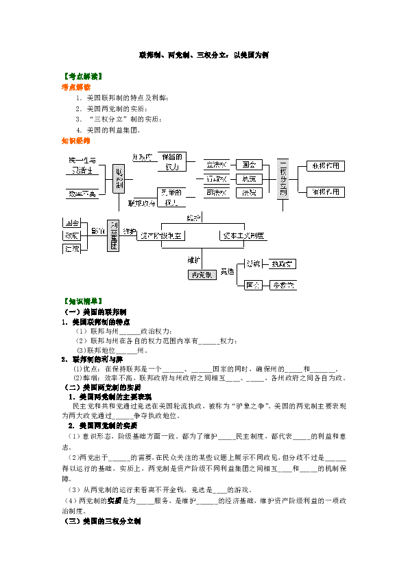 人教版高中政治选修三知识讲解，巩固练习（教学资料，补习资料）：35联邦制、两党制、三权分立：以美国为例