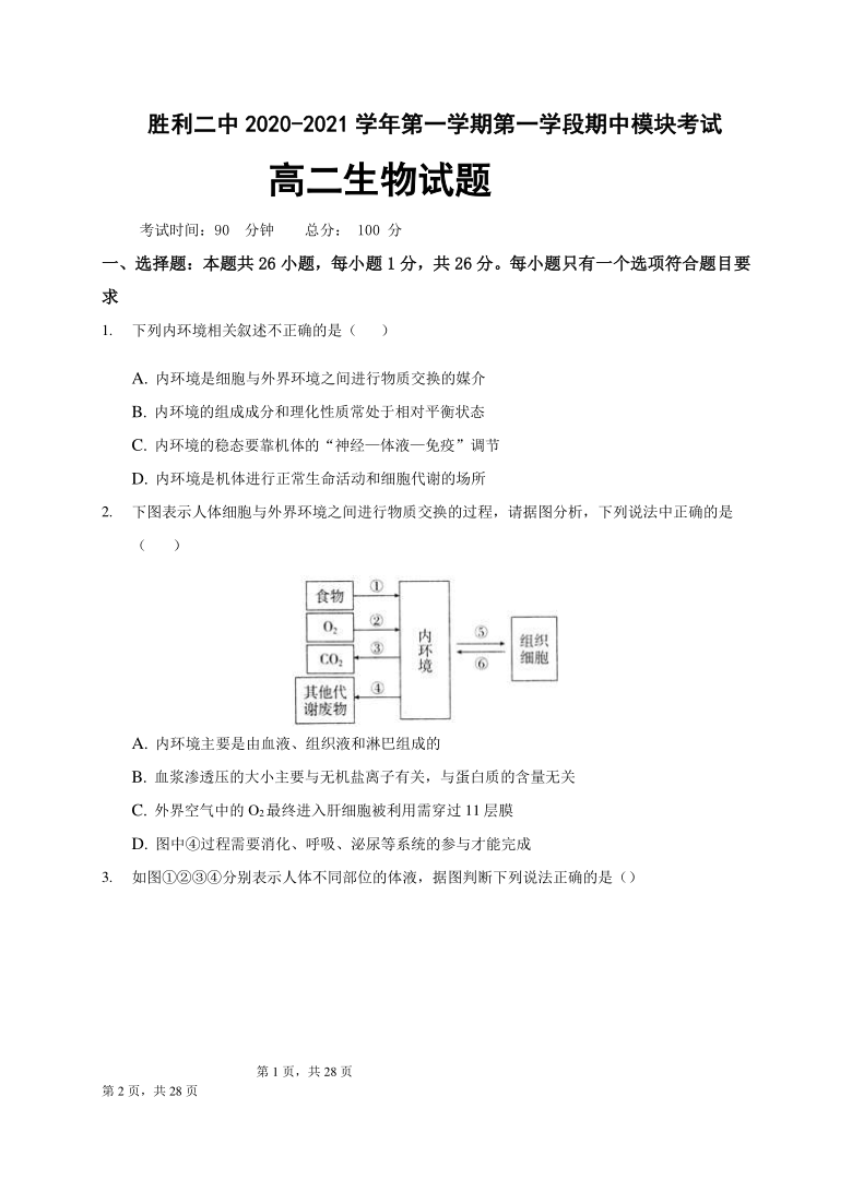 山东省东营市胜利第二中学2020-2021学年高二上学期期中考试生物试题    含答案