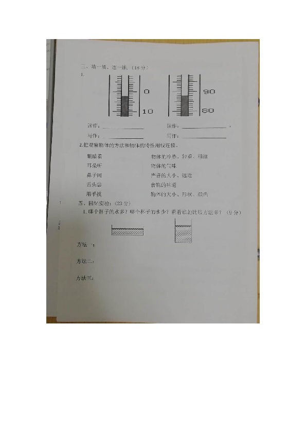 （首发）2018-2019学年度第一学期山东济宁微山县期中考试三年级科学试题（图片版含答案）