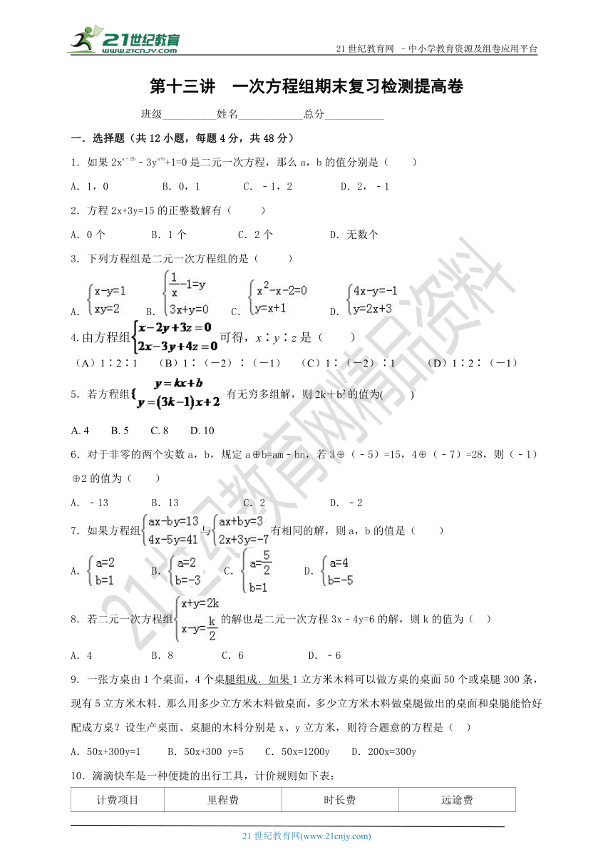 第十三讲 一次方程组期末复习检测提高卷（含答案）