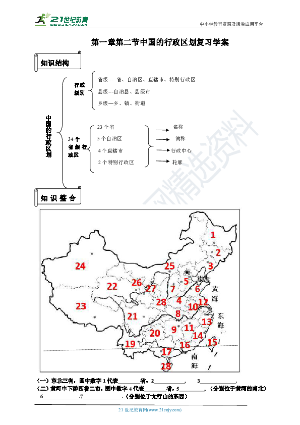 第一章第二节中国的行政区划 复习学案