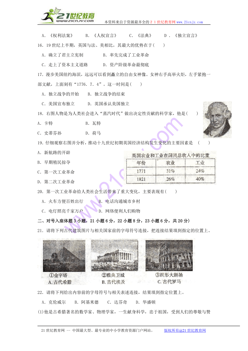 辽宁省沈阳市南昌中学2009—2010学年九年级上期中测试-历史（无答案）