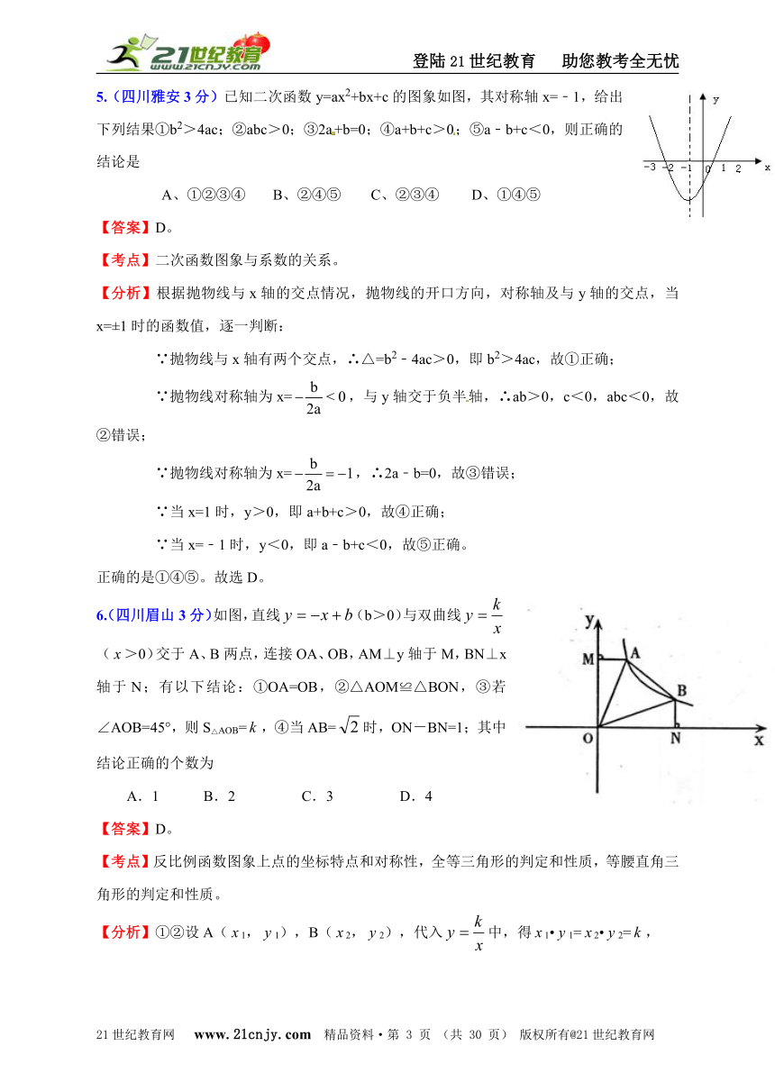 四川2011年中考数学试题分类解析汇编专题6：函数的图像与性质