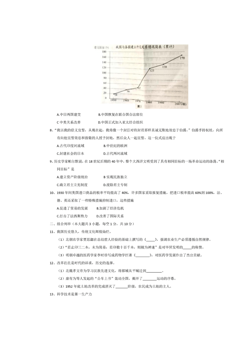 2018年安徽省初中学业水平考试历史试题卷（图片版    含答案）