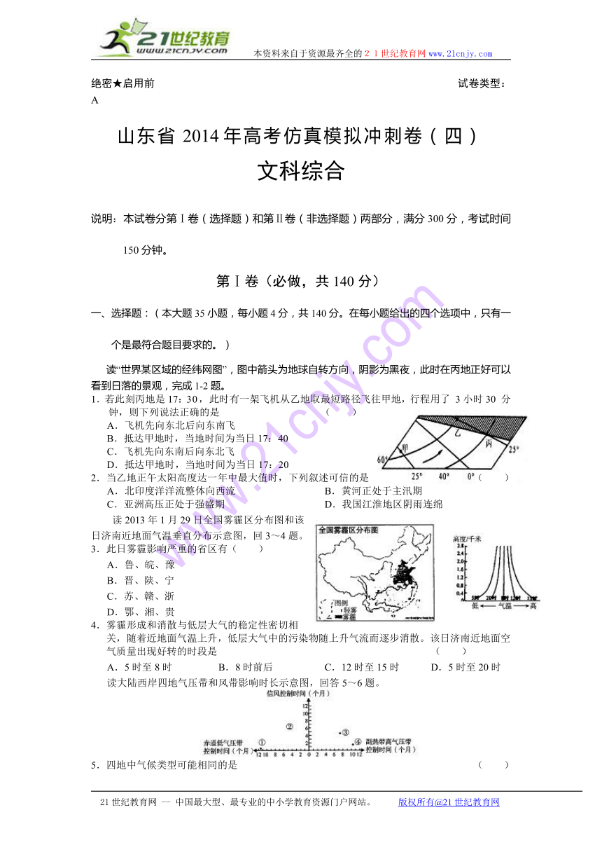 山东省2014届高三高考仿真模拟冲刺考试（四）文综试题