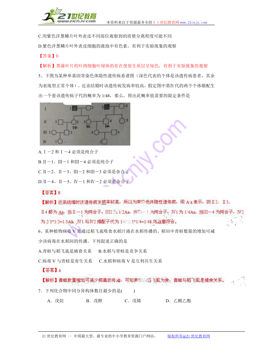 2014年普通高等学校招生全国统一考试（新课标I卷）理科综合答案解析