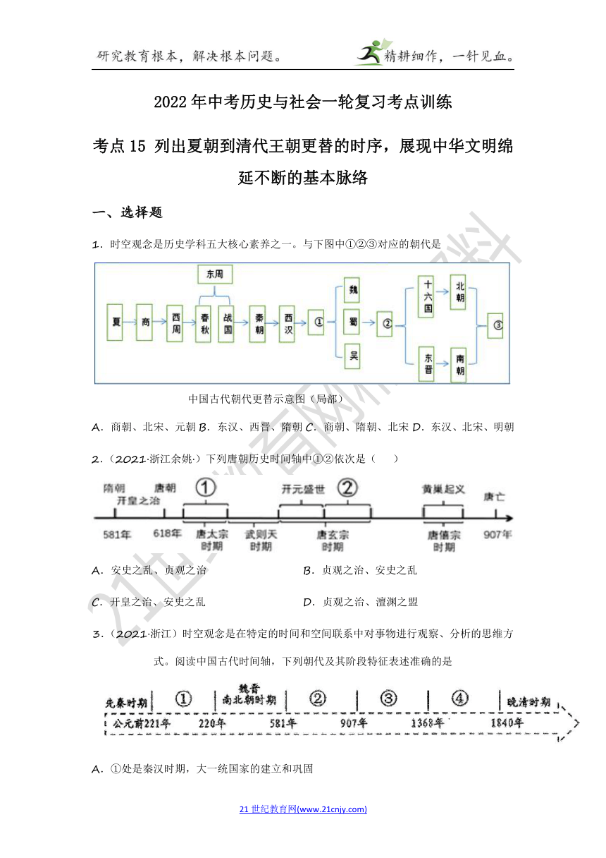 2022年中考历史与社会一轮复习名师导航【考点训练】考点15 列出夏朝到清代王朝更替的时序，展现中华文明绵延不断的基本脉络（含答案及解析）